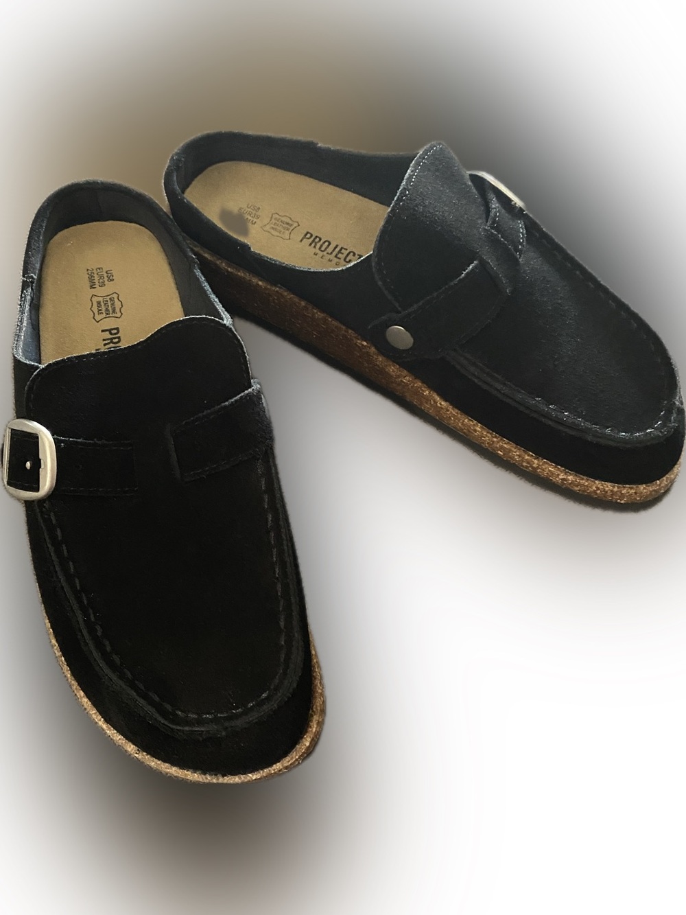 Project Cloud Black Suede Buckle Slip-On slides-Sz.8